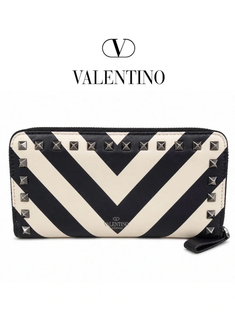 Valentino Garavani Rockstud Chevron Striped Print Zip Around Wallet